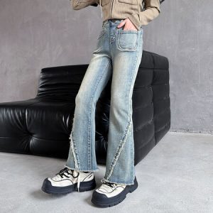 Girls' High-Stretch Ribbed Denim Flare Pants, 2 Colors